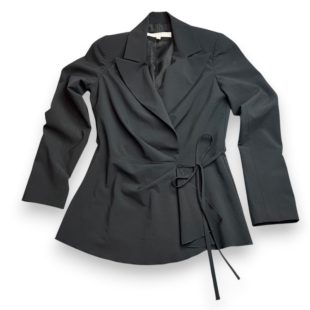 Trina Turk Draped Side Tie Wrap Blazer Jacket Womens Size 2 Black Minimalist - Picture 3 of 10